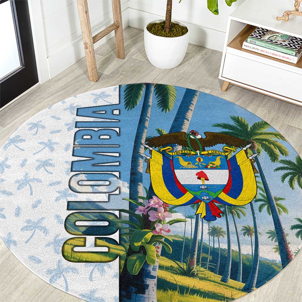 Colombia Palm Tree Landscape Round Carpet with Tropical Flowers and Blue Sky Design - Wonder Print Shop