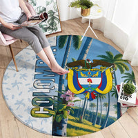 Colombia Palm Tree Landscape Round Carpet with Tropical Flowers and Blue Sky Design - Wonder Print Shop