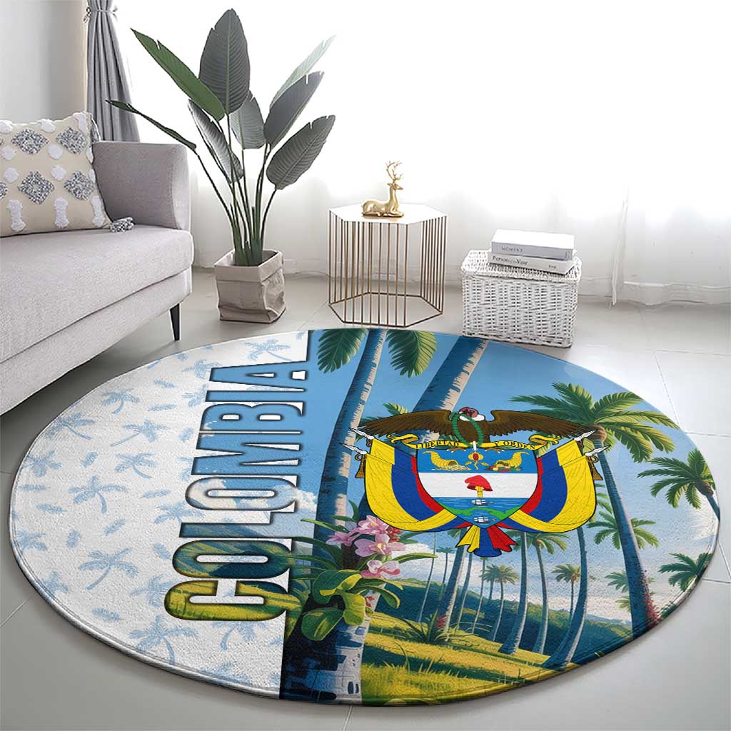 Colombia Palm Tree Landscape Round Carpet with Tropical Flowers and Blue Sky Design - Wonder Print Shop