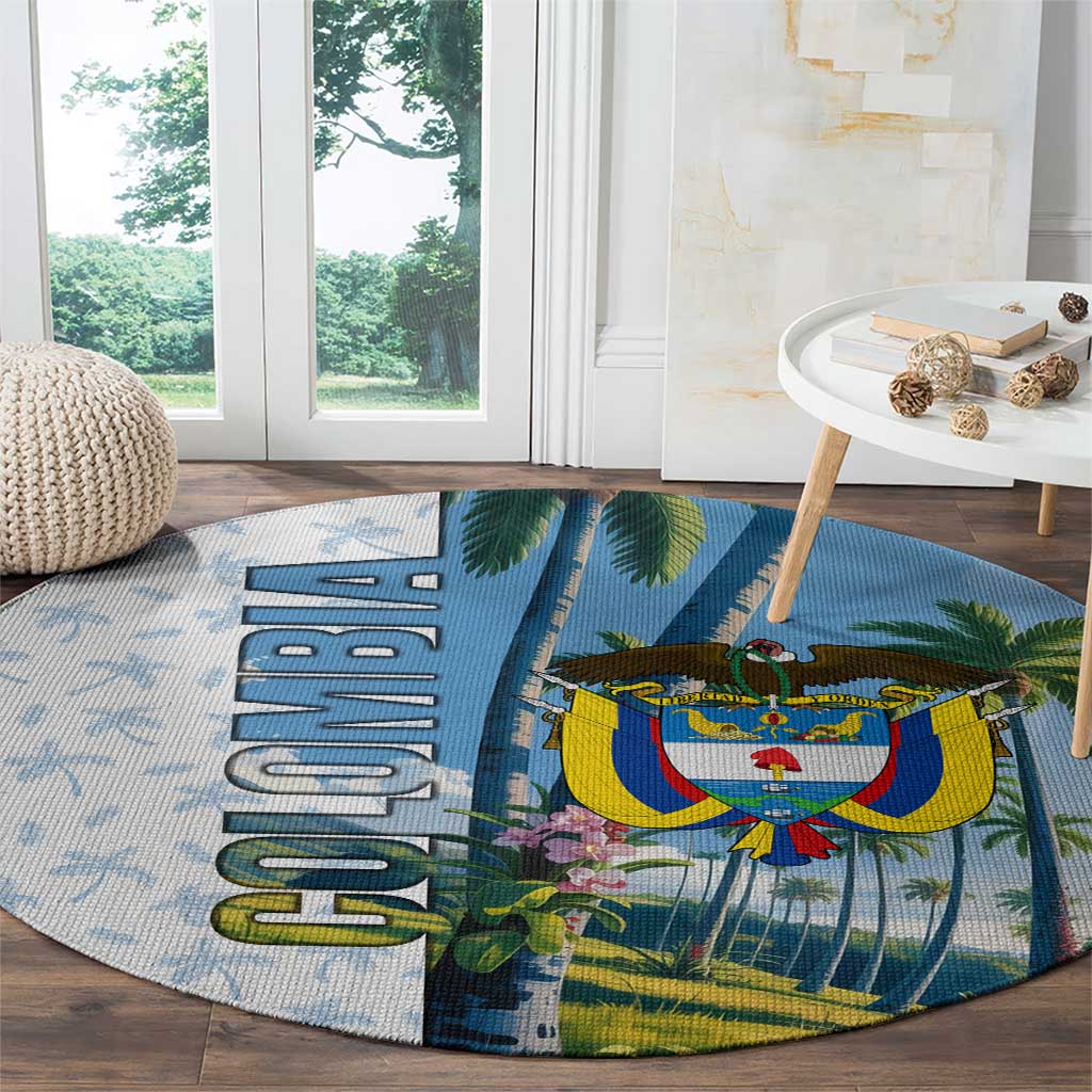 Colombia Palm Tree Landscape Round Carpet with Tropical Flowers and Blue Sky Design - Wonder Print Shop