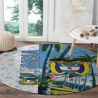 Colombia Palm Tree Landscape Round Carpet with Tropical Flowers and Blue Sky Design - Wonder Print Shop