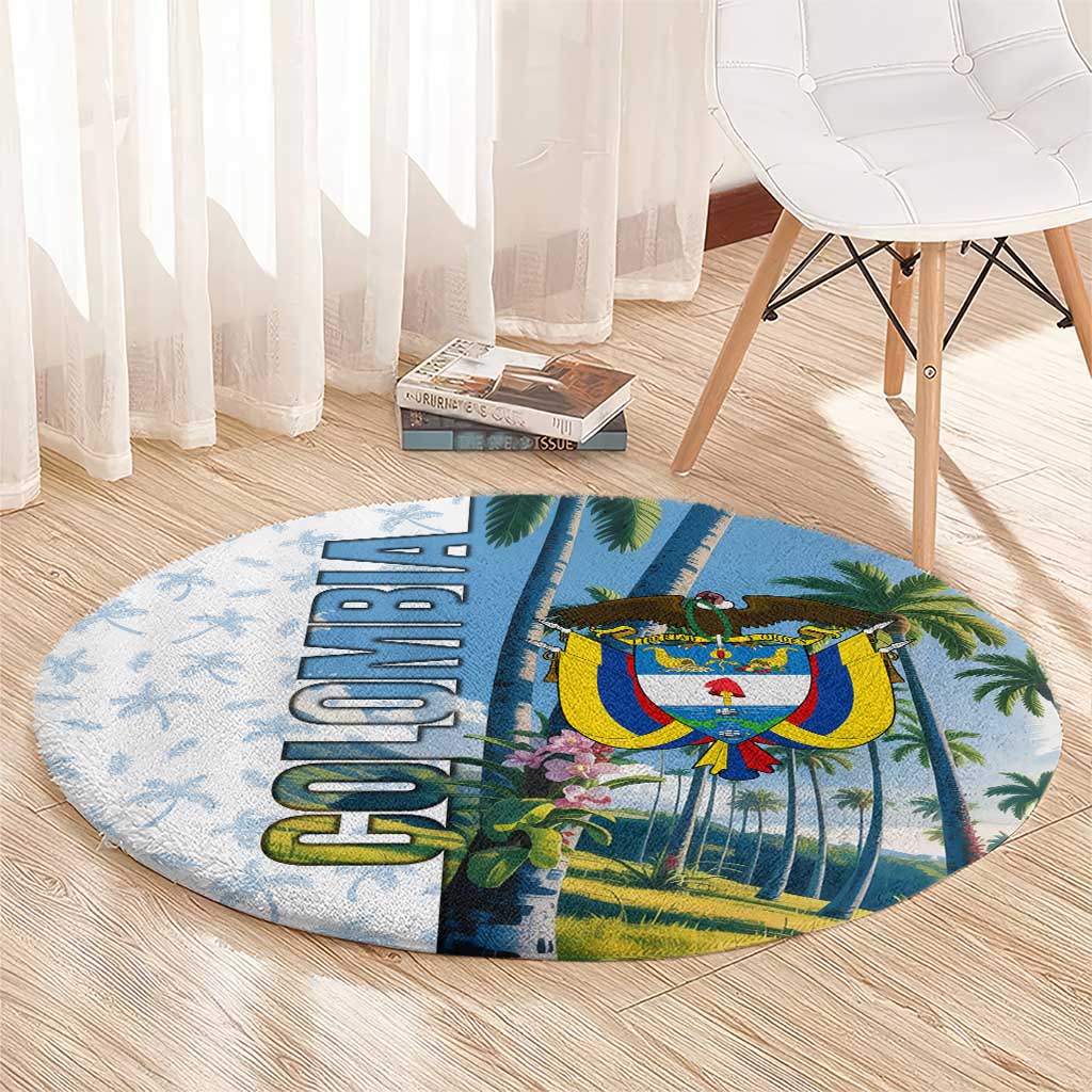 Colombia Palm Tree Landscape Round Carpet with Tropical Flowers and Blue Sky Design - Wonder Print Shop