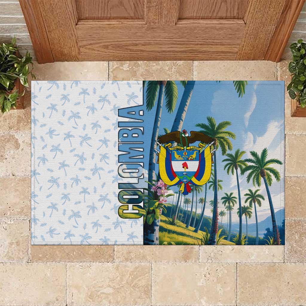 Colombia Palm Tree Landscape Rubber Doormat with Tropical Flowers and Blue Sky Design - Wonder Print Shop