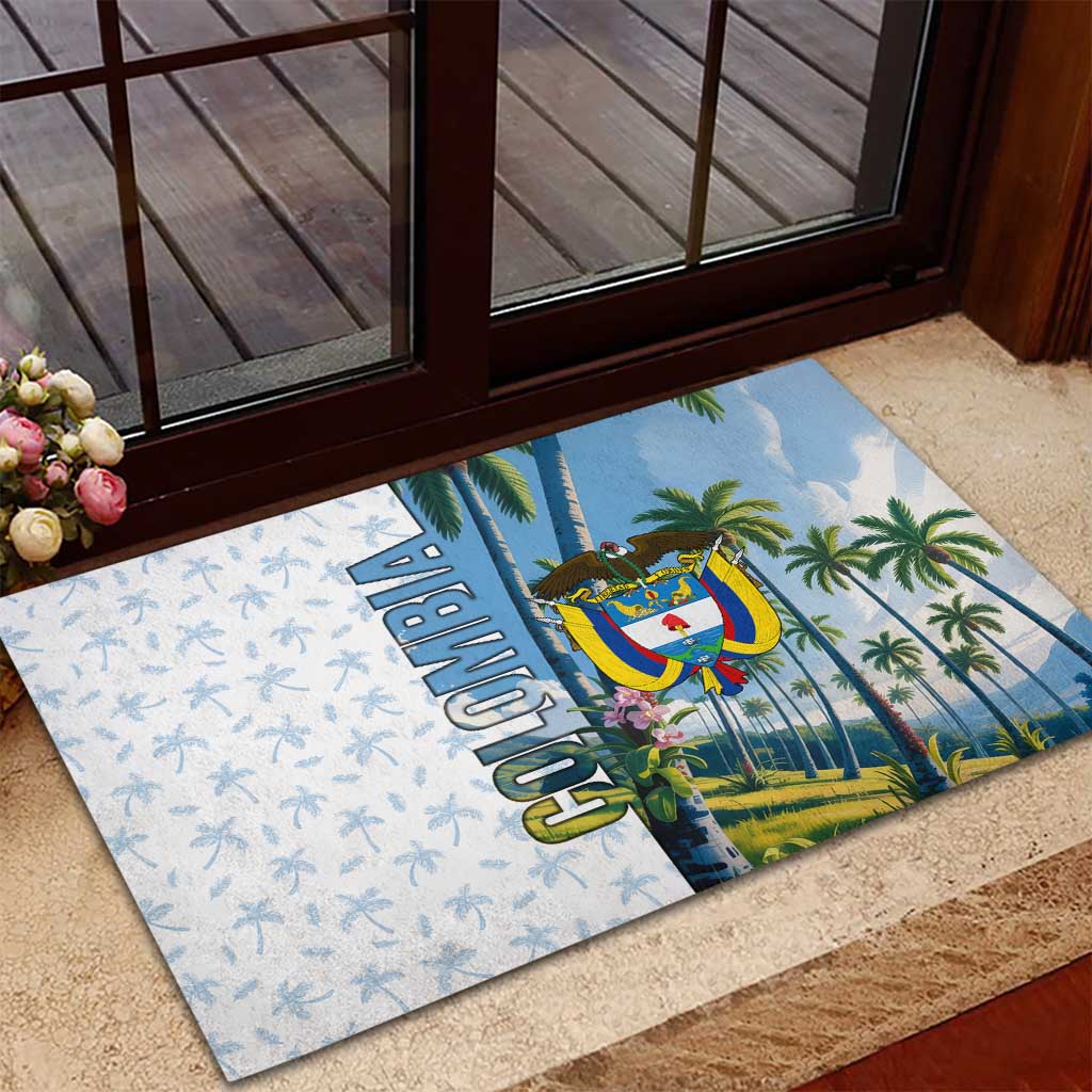 Colombia Palm Tree Landscape Rubber Doormat with Tropical Flowers and Blue Sky Design - Wonder Print Shop
