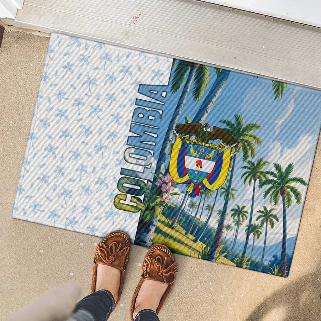 Colombia Palm Tree Landscape Rubber Doormat with Tropical Flowers and Blue Sky Design - Wonder Print Shop