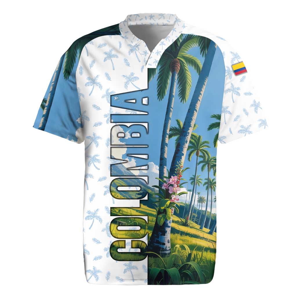 Colombia Palm Tree Landscape Rugby Jersey with Tropical Flowers and Blue Sky Design - Wonder Print Shop