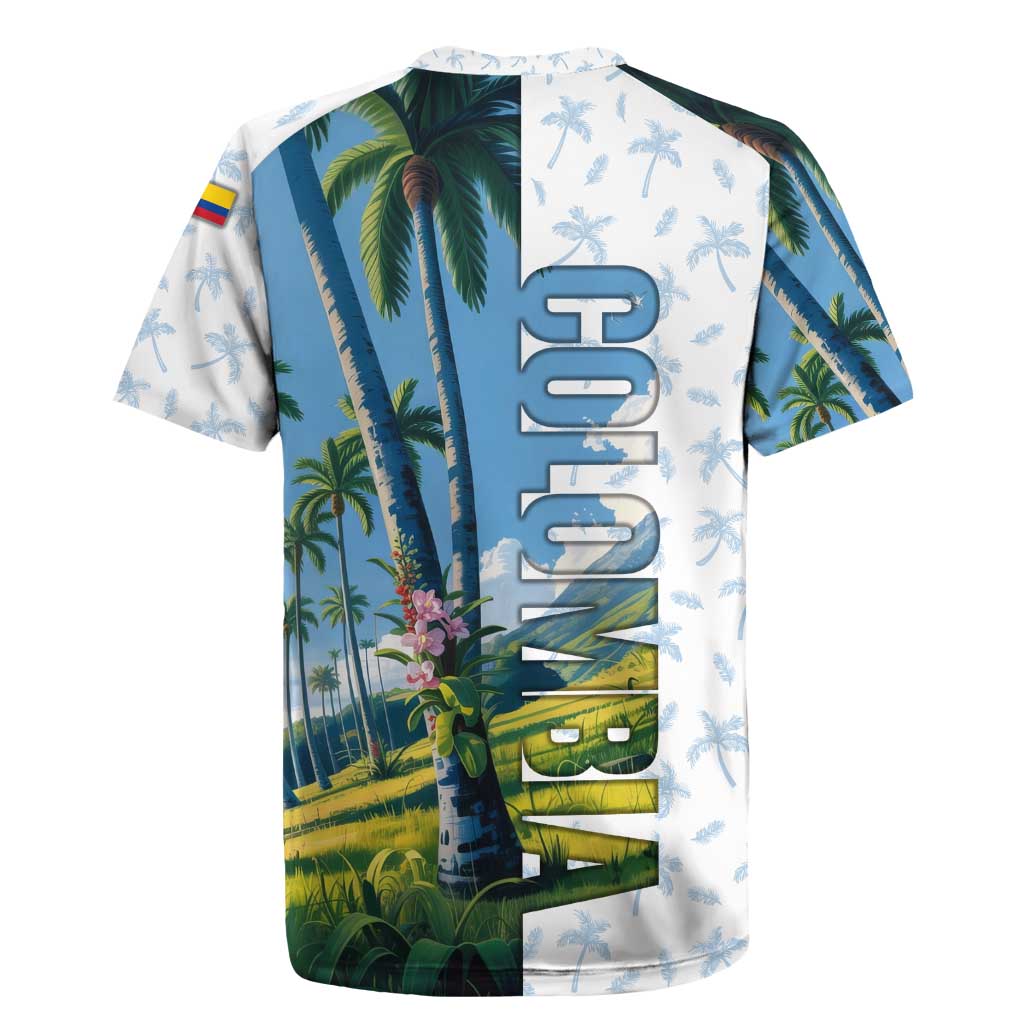 Colombia Palm Tree Landscape Rugby Jersey with Tropical Flowers and Blue Sky Design - Wonder Print Shop