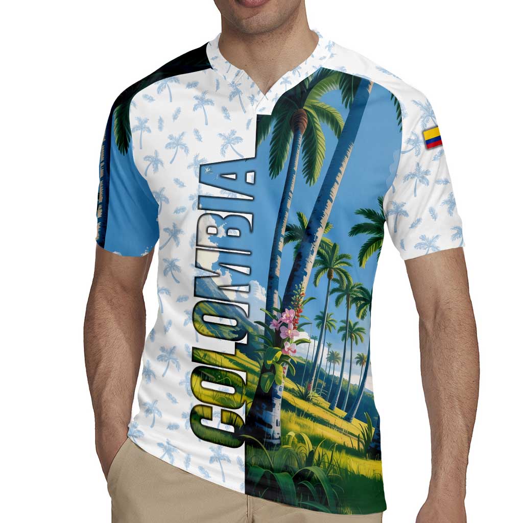 Colombia Palm Tree Landscape Rugby Jersey with Tropical Flowers and Blue Sky Design - Wonder Print Shop