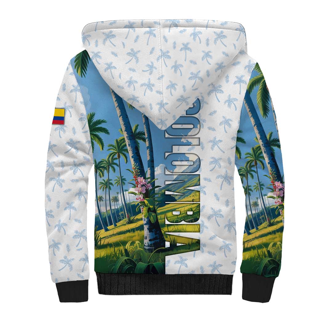 Colombia Palm Tree Landscape Sherpa Hoodie with Tropical Flowers and Blue Sky Design - Wonder Print Shop