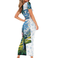 Colombia Palm Tree Landscape Short Sleeve Bodycon Dress with Tropical Flowers and Blue Sky Design - Wonder Print Shop