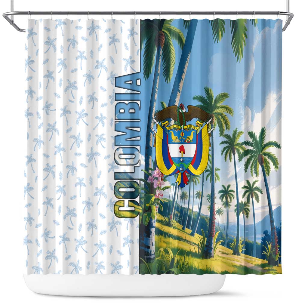Colombia Palm Tree Landscape Shower Curtain with Tropical Flowers and Blue Sky Design - Wonder Print Shop