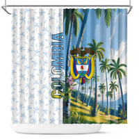 Colombia Palm Tree Landscape Shower Curtain with Tropical Flowers and Blue Sky Design - Wonder Print Shop