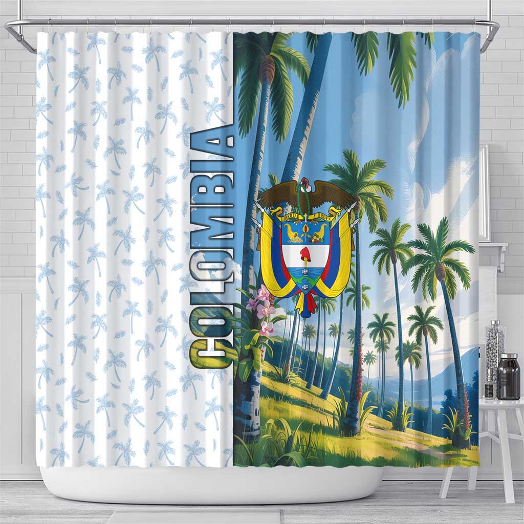 Colombia Palm Tree Landscape Shower Curtain with Tropical Flowers and Blue Sky Design - Wonder Print Shop