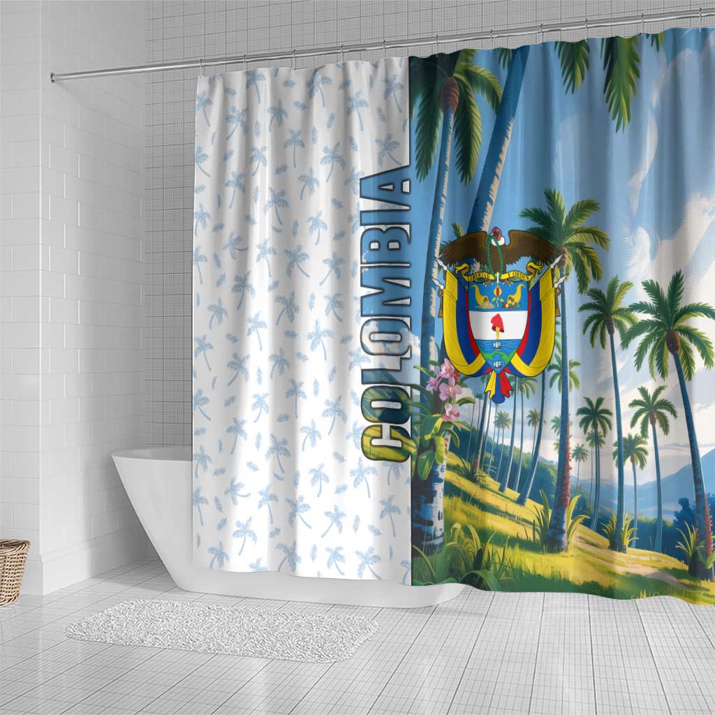 Colombia Palm Tree Landscape Shower Curtain with Tropical Flowers and Blue Sky Design - Wonder Print Shop
