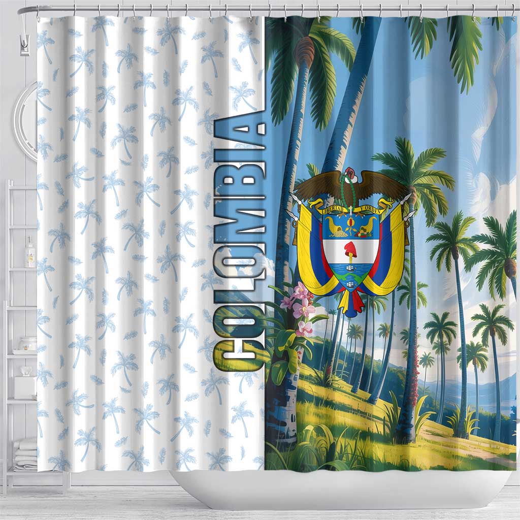Colombia Palm Tree Landscape Shower Curtain with Tropical Flowers and Blue Sky Design - Wonder Print Shop