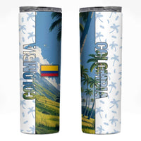 Colombia Palm Tree Landscape Skinny Tumbler with Tropical Flowers and Blue Sky Design - Wonder Print Shop