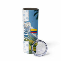 Colombia Palm Tree Landscape Skinny Tumbler with Tropical Flowers and Blue Sky Design - Wonder Print Shop
