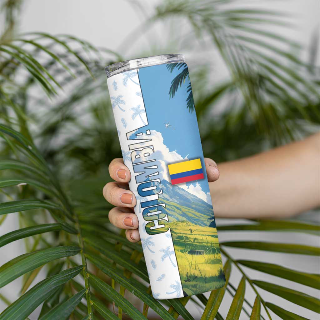 Colombia Palm Tree Landscape Skinny Tumbler with Tropical Flowers and Blue Sky Design - Wonder Print Shop