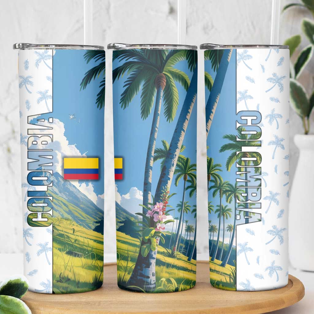 Colombia Palm Tree Landscape Skinny Tumbler with Tropical Flowers and Blue Sky Design - Wonder Print Shop