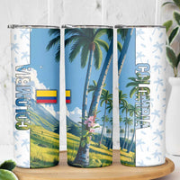 Colombia Palm Tree Landscape Skinny Tumbler with Tropical Flowers and Blue Sky Design - Wonder Print Shop