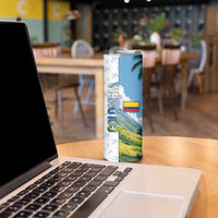 Colombia Palm Tree Landscape Skinny Tumbler with Tropical Flowers and Blue Sky Design - Wonder Print Shop