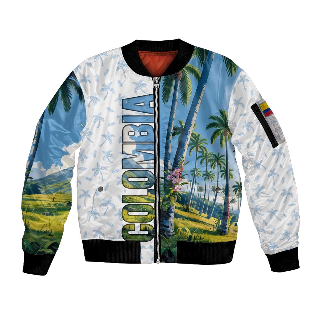 Colombia Palm Tree Landscape Sleeve Zip Bomber Jacket with Tropical Flowers and Blue Sky Design - Wonder Print Shop