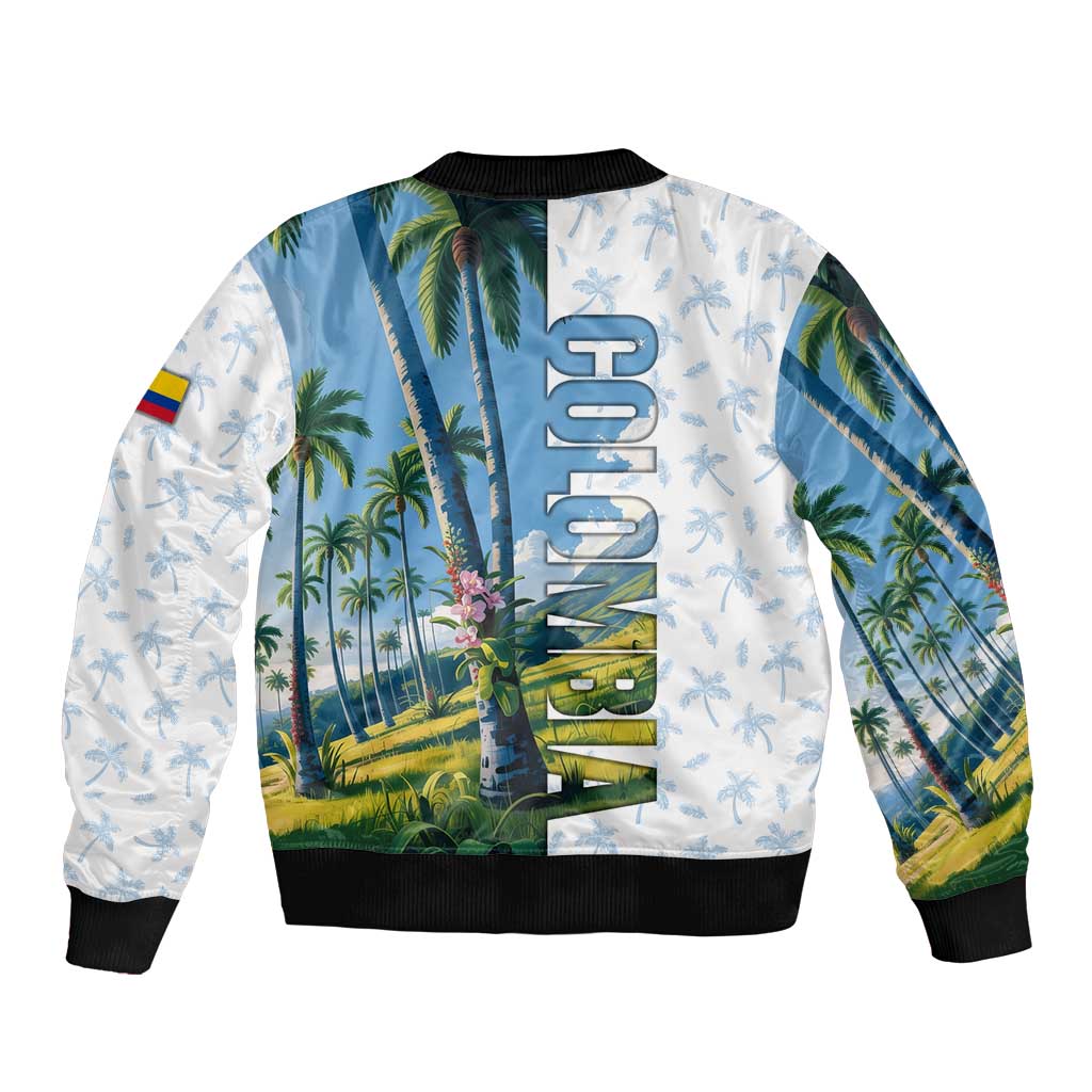 Colombia Palm Tree Landscape Sleeve Zip Bomber Jacket with Tropical Flowers and Blue Sky Design - Wonder Print Shop