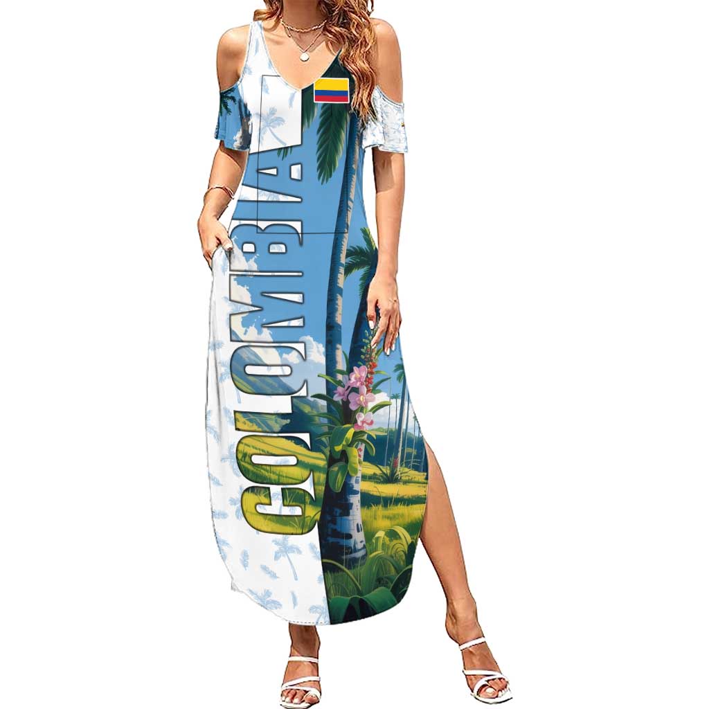 Colombia Palm Tree Landscape Summer Maxi Dress with Tropical Flowers and Blue Sky Design - Wonder Print Shop