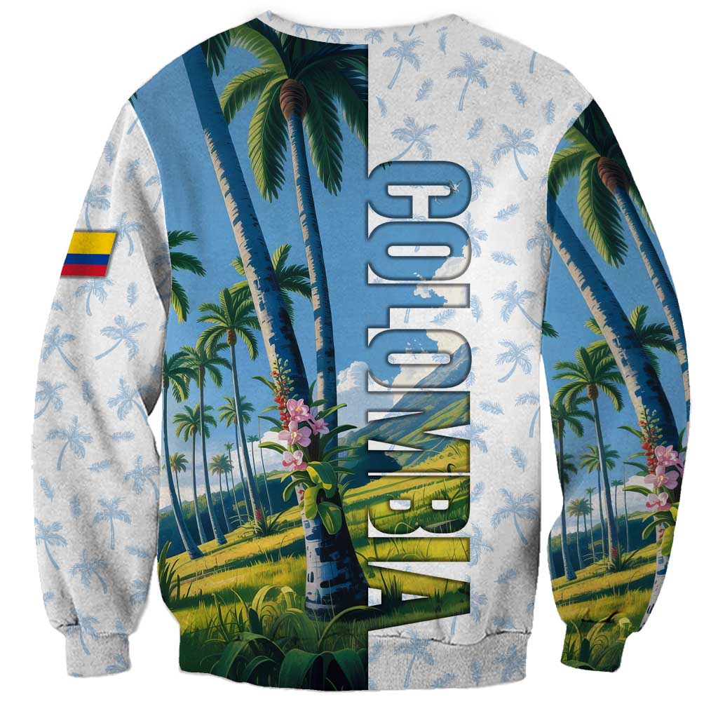 Colombia Palm Tree Landscape Sweatshirt with Tropical Flowers and Blue Sky Design - Wonder Print Shop