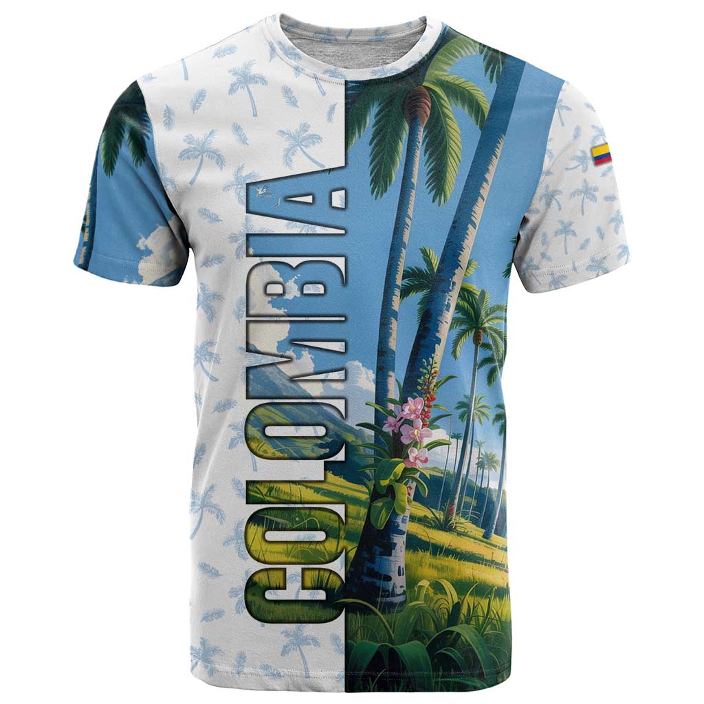 Colombia Palm Tree Landscape T Shirt with Tropical Flowers and Blue Sky Design - Wonder Print Shop
