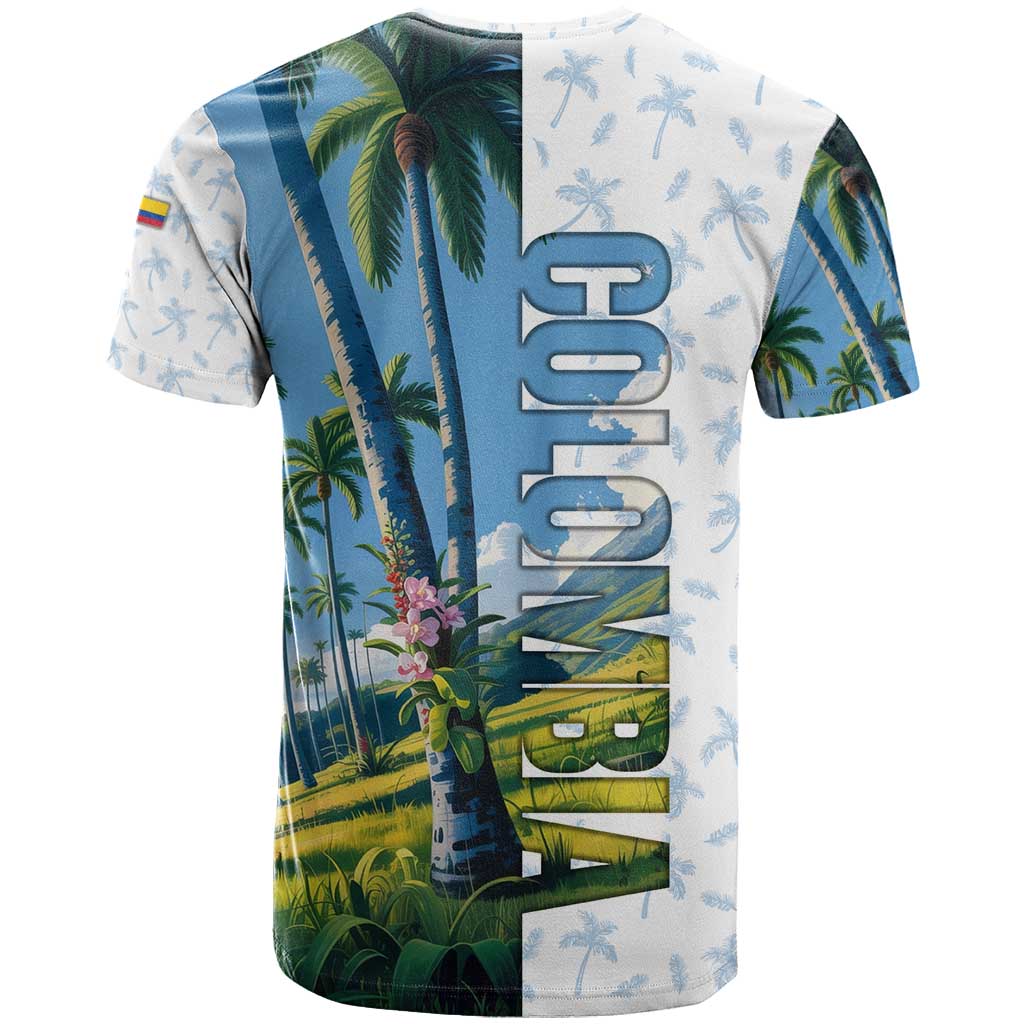 Colombia Palm Tree Landscape T Shirt with Tropical Flowers and Blue Sky Design - Wonder Print Shop