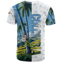 Colombia Palm Tree Landscape T Shirt with Tropical Flowers and Blue Sky Design - Wonder Print Shop
