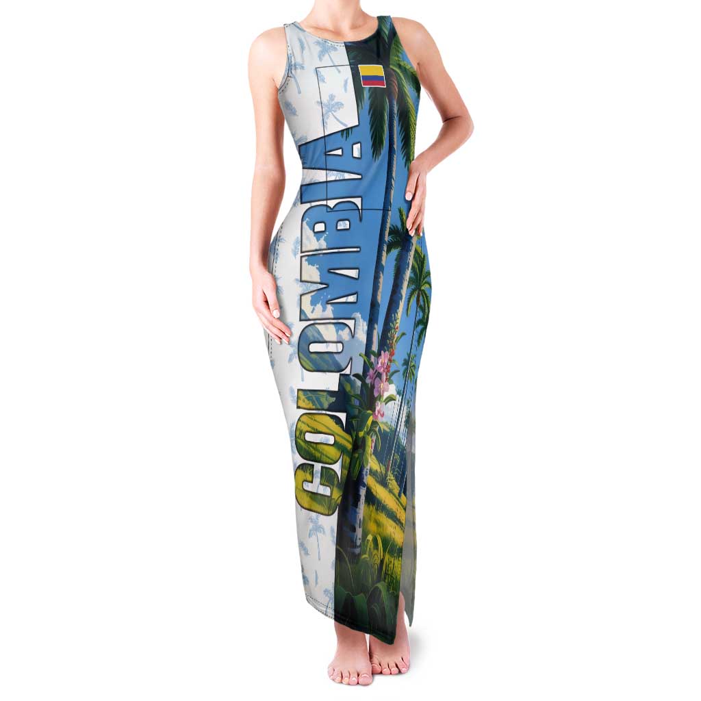 Colombia Palm Tree Landscape Tank Maxi Dress with Tropical Flowers and Blue Sky Design - Wonder Print Shop