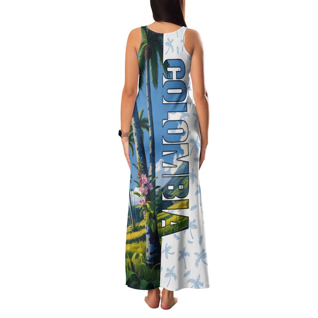 Colombia Palm Tree Landscape Tank Maxi Dress with Tropical Flowers and Blue Sky Design - Wonder Print Shop