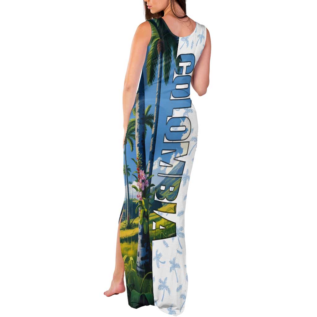 Colombia Palm Tree Landscape Tank Maxi Dress with Tropical Flowers and Blue Sky Design - Wonder Print Shop
