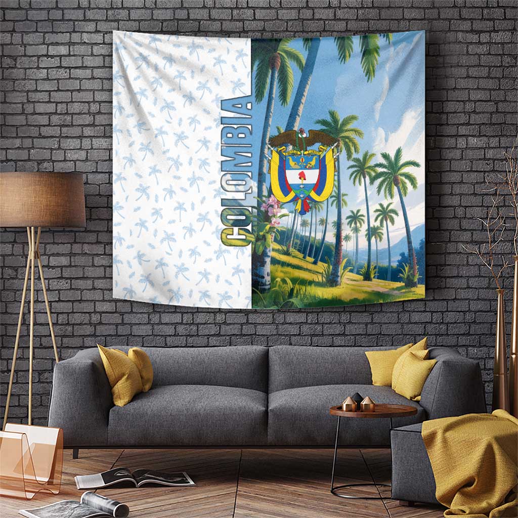 Colombia Palm Tree Landscape Tapestry with Tropical Flowers and Blue Sky Design - Wonder Print Shop