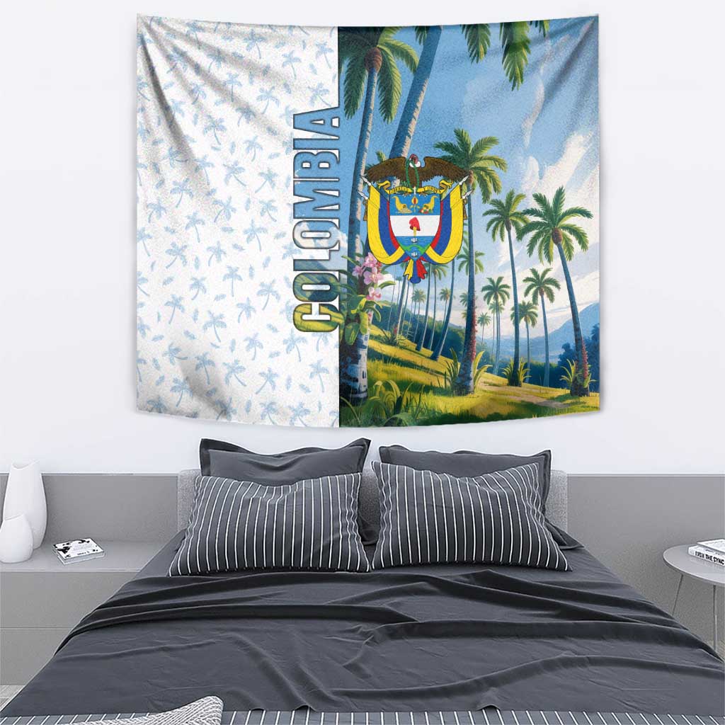Colombia Palm Tree Landscape Tapestry with Tropical Flowers and Blue Sky Design - Wonder Print Shop