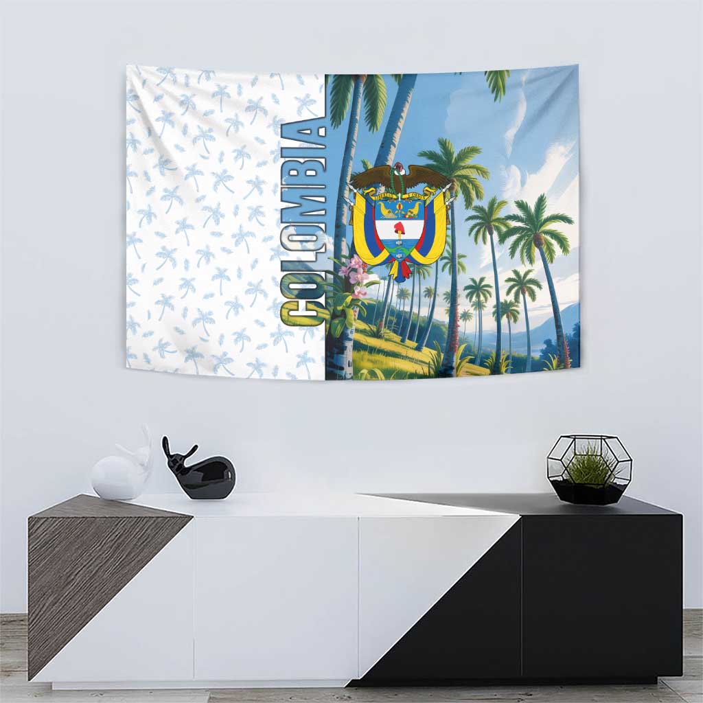 Colombia Palm Tree Landscape Tapestry with Tropical Flowers and Blue Sky Design - Wonder Print Shop