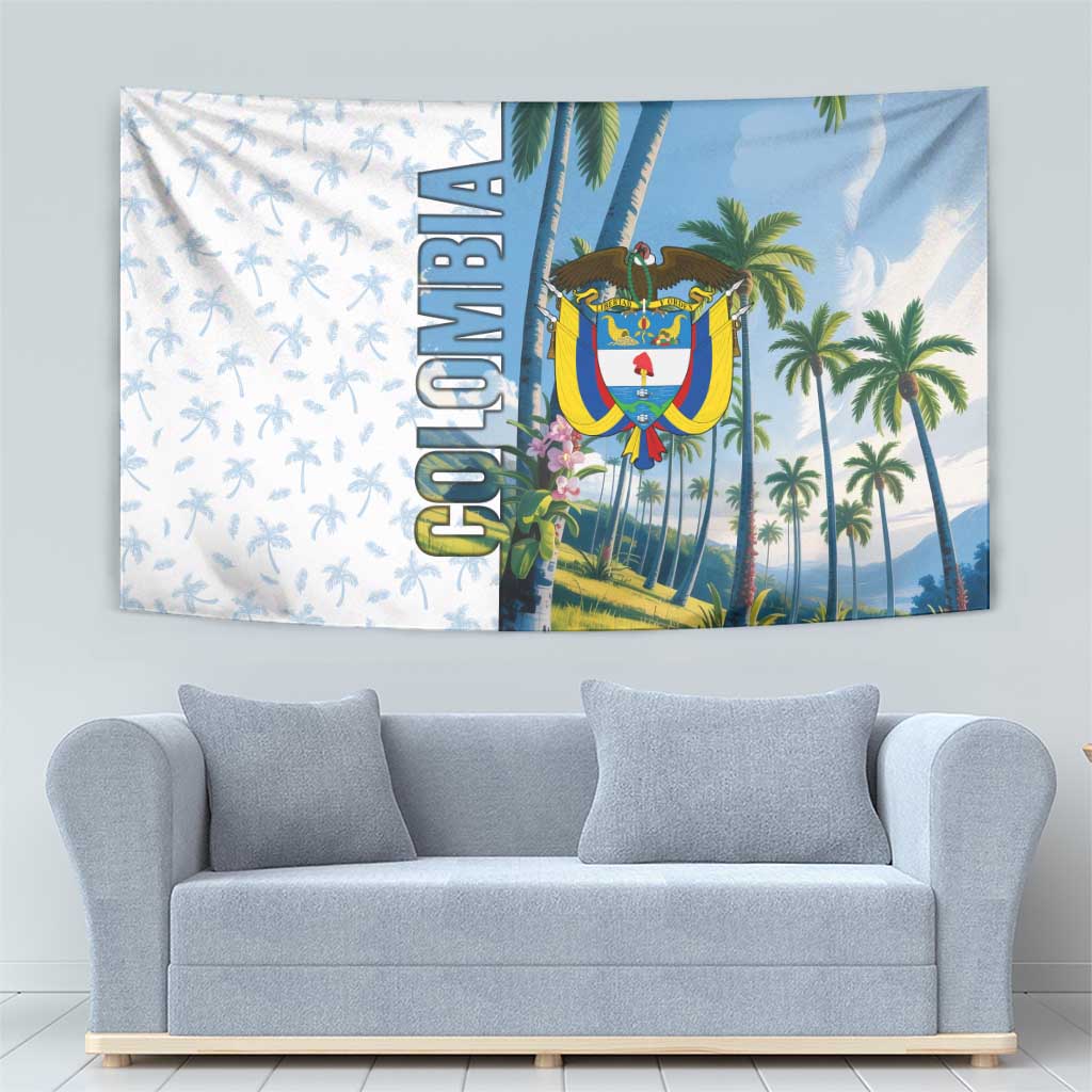 Colombia Palm Tree Landscape Tapestry with Tropical Flowers and Blue Sky Design - Wonder Print Shop