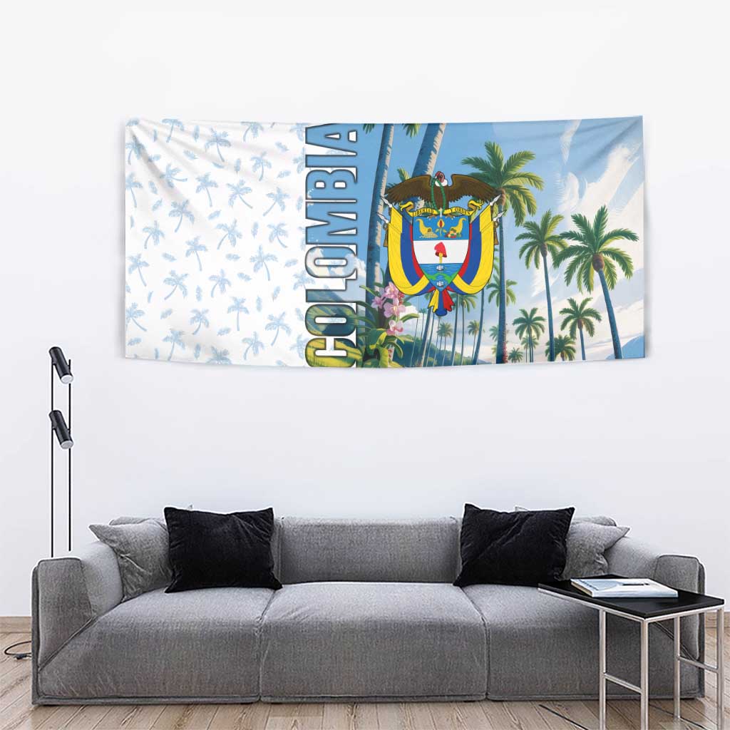 Colombia Palm Tree Landscape Tapestry with Tropical Flowers and Blue Sky Design - Wonder Print Shop