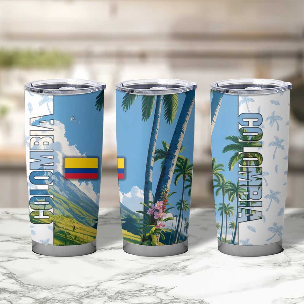 Colombia Palm Tree Landscape Tumbler Cup with Tropical Flowers and Blue Sky Design - Wonder Print Shop