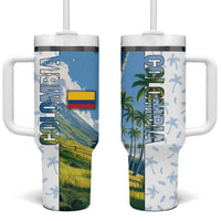 Colombia Palm Tree Landscape Tumbler With Handle with Tropical Flowers and Blue Sky Design - Wonder Print Shop