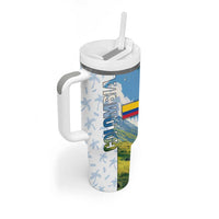 Colombia Palm Tree Landscape Tumbler With Handle with Tropical Flowers and Blue Sky Design - Wonder Print Shop