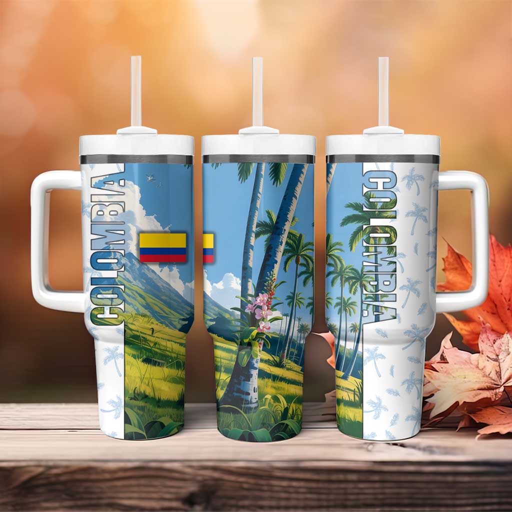 Colombia Palm Tree Landscape Tumbler With Handle with Tropical Flowers and Blue Sky Design - Wonder Print Shop