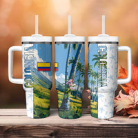 Colombia Palm Tree Landscape Tumbler With Handle with Tropical Flowers and Blue Sky Design - Wonder Print Shop