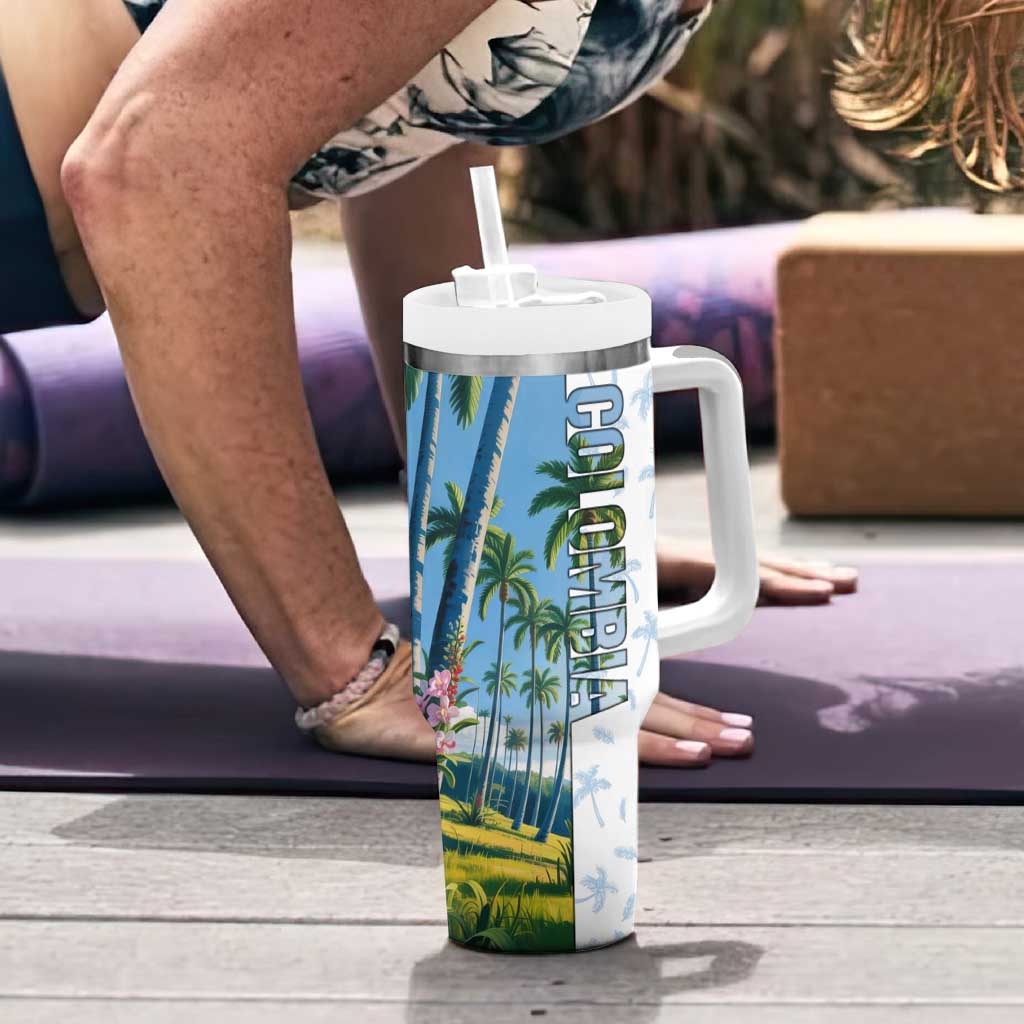 Colombia Palm Tree Landscape Tumbler With Handle with Tropical Flowers and Blue Sky Design - Wonder Print Shop