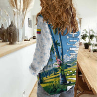 Colombia Palm Tree Landscape Women Casual Shirt with Tropical Flowers and Blue Sky Design - Wonder Print Shop