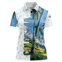 Colombia Palm Tree Landscape Women Polo Shirt with Tropical Flowers and Blue Sky Design - Wonder Print Shop