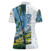 Colombia Palm Tree Landscape Women Polo Shirt with Tropical Flowers and Blue Sky Design - Wonder Print Shop