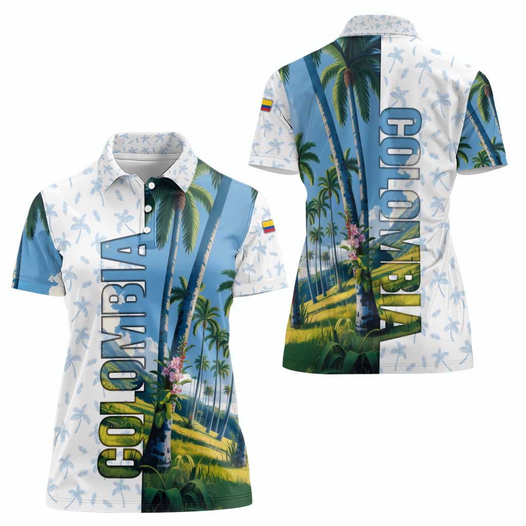 Colombia Palm Tree Landscape Women Polo Shirt with Tropical Flowers and Blue Sky Design - Wonder Print Shop